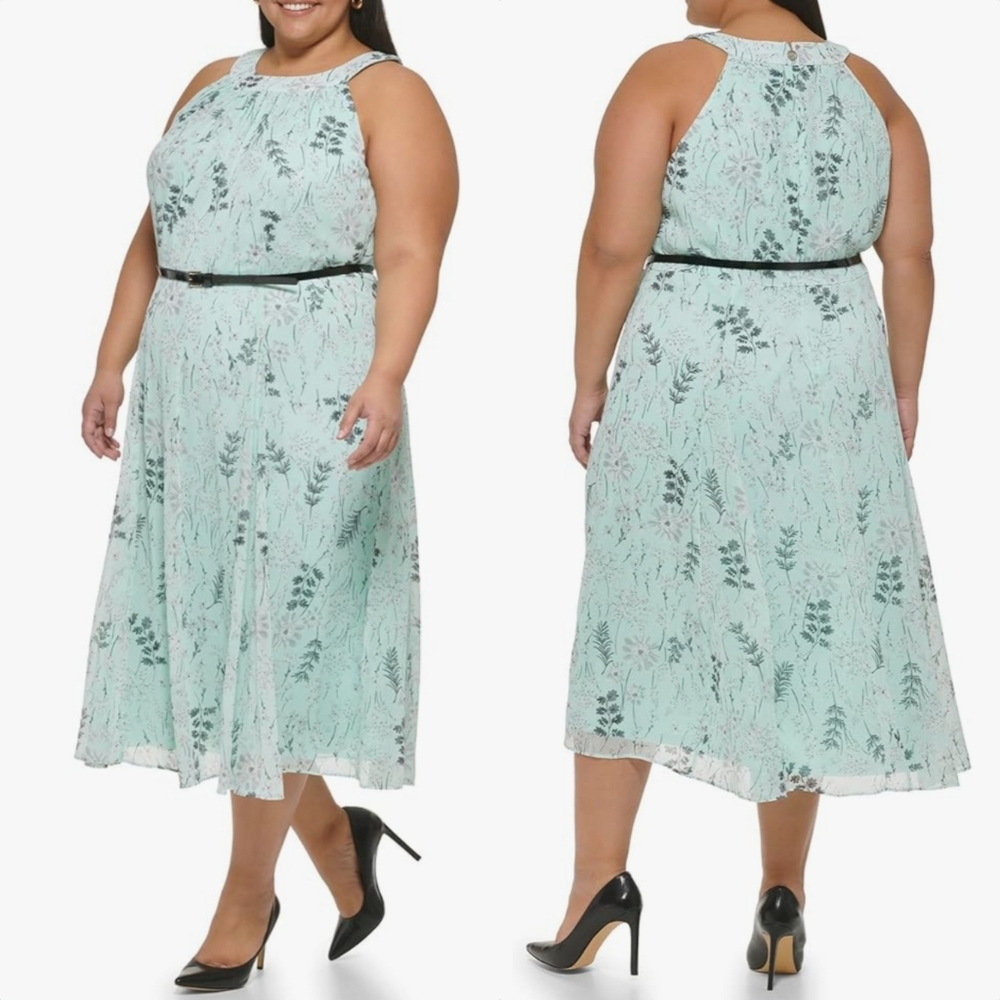 Tommy Hilfiger Midi Micro Floral Halter Neckline Modest Dress in Mint